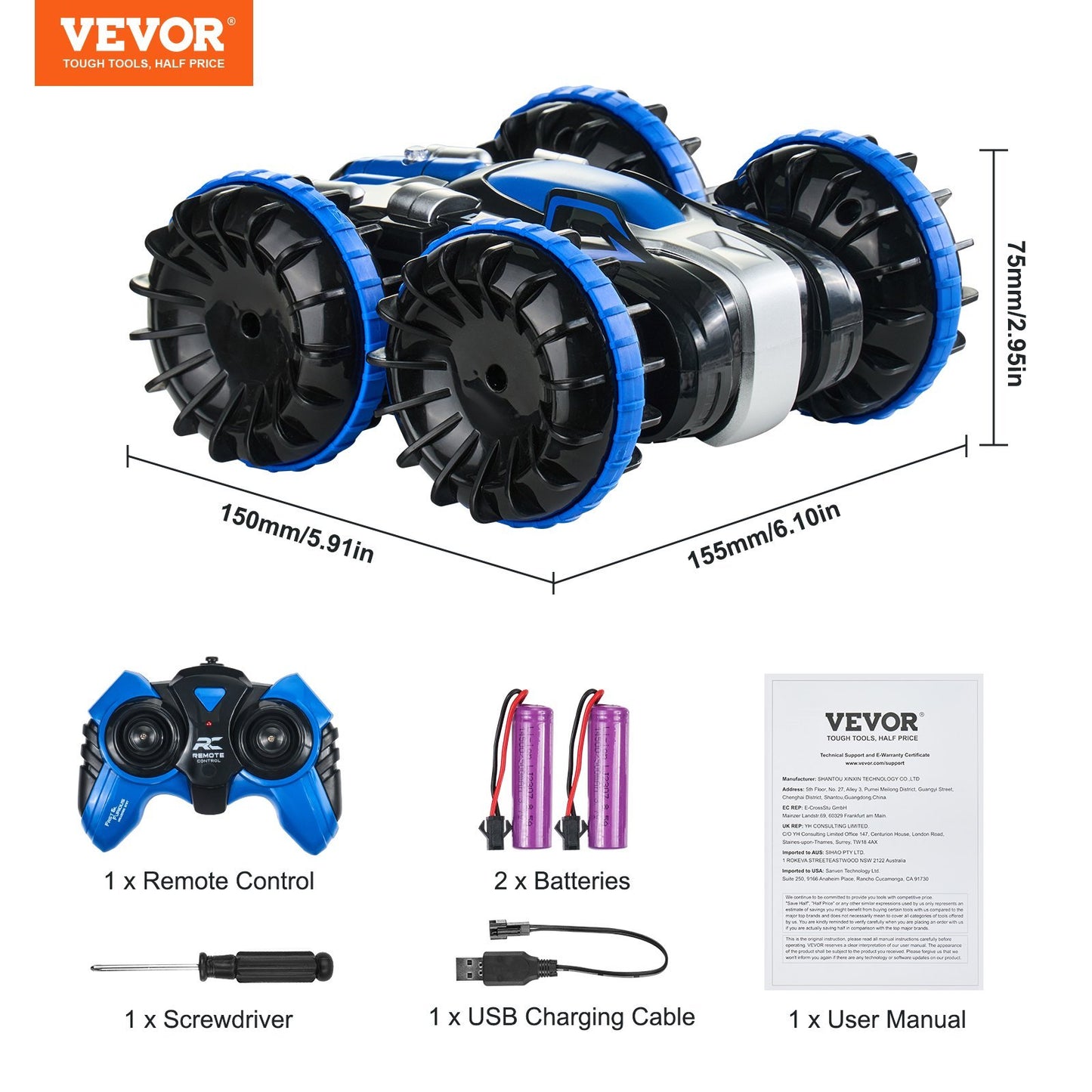 US Local VEVOR Amphibious Remote Control Car Boat 2.4 GHz 4WD RC Boat Kids Adults Blue