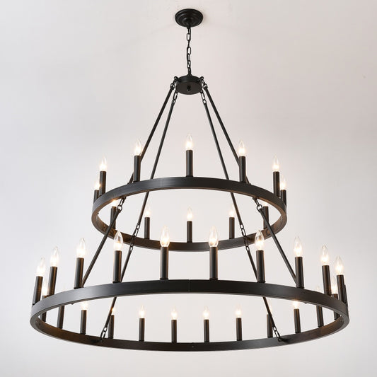 US Local 2 Tiers Wagon Wheel Chandelier Wooden Farmhouse 36-Light Black Metal Chandeliers 2-Story Light Fixtures Industrial For High Ceiling Living Dining Room Foyer. Adjustable Height