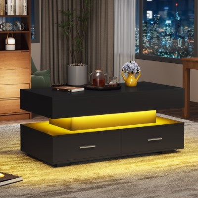 UK Local Hydraulic Lift Top Coffee Table, LED Coffee Tables With Storage For Living Room, Coffee Table With 2 Drawers & LED Light For Dining Reception Room, Black