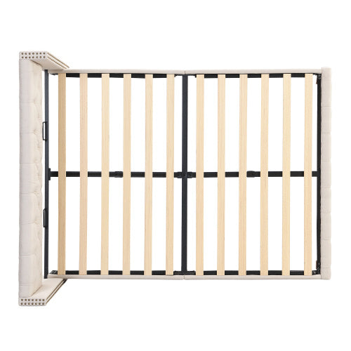 UK Local Upholstered Bed,Double Bed-4ft6 135x190cm ,With Slatted Frame And Headboard, Button Upholstery, Rivet Upholstery, Wooden Legs, Linen, Beige
