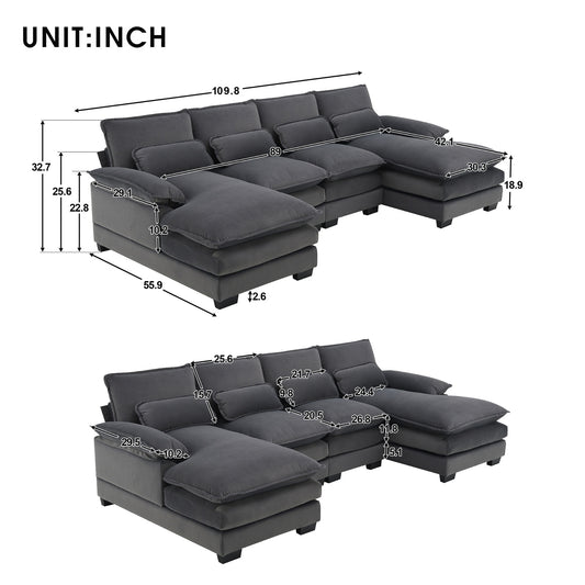 US Local New Modern U-shaped Sectional Sofa, 6-Seat With Waist Pillows 109.8 55.9