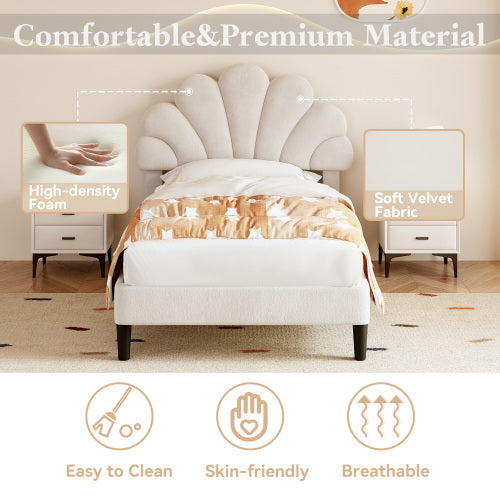 UK Local 3ft Single Upholstered Velvet Bed Frame, With Adjustable Chic Petal Headboard, Velvet Platform Bed Frame With Solid Wood Slat, No Box Spring Needed, Easy Assembly, Beige