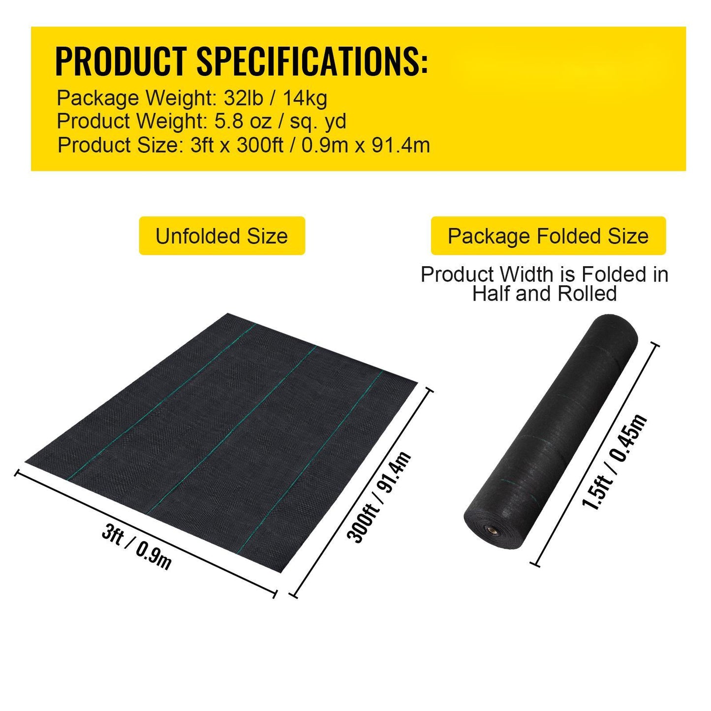 US Local VEVOR Weed Barrier, 5.8oz Landscape Fabric, 3ft X 300ft Cover Mat Heavy Duty Woven Grass Control Geotextile For Garden, Patio, Black