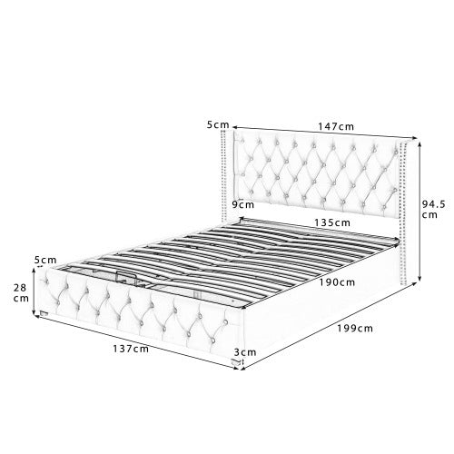 UK Local Upholstered Bed, 135x190, With Hydraulic Lever, Functional Bed From Storage,velvet, Beige