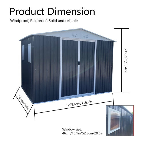 US Local Metal Anti-Corrosion Utility Tool House With Lockable Door, Garden Shed 10FTx8FT Apex Roof Grey With Windows And Aluminum Alloy Frame