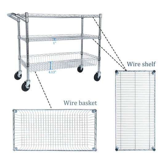US Local Heavy Duty Rolling Utility Cart,3 Tier Rolling Carts With Wheels,with Handle Bar Shelf Liners,36X18X32 Storage Cart For Kitchen,Restaurant,Plant Display,Chrome
