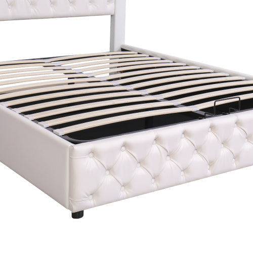 UK Local Upholstered Bed 150 X 200 Cm Functional Bed With Slatted Frame And Storage Space, LED Lighting In Different Colors, White, PU