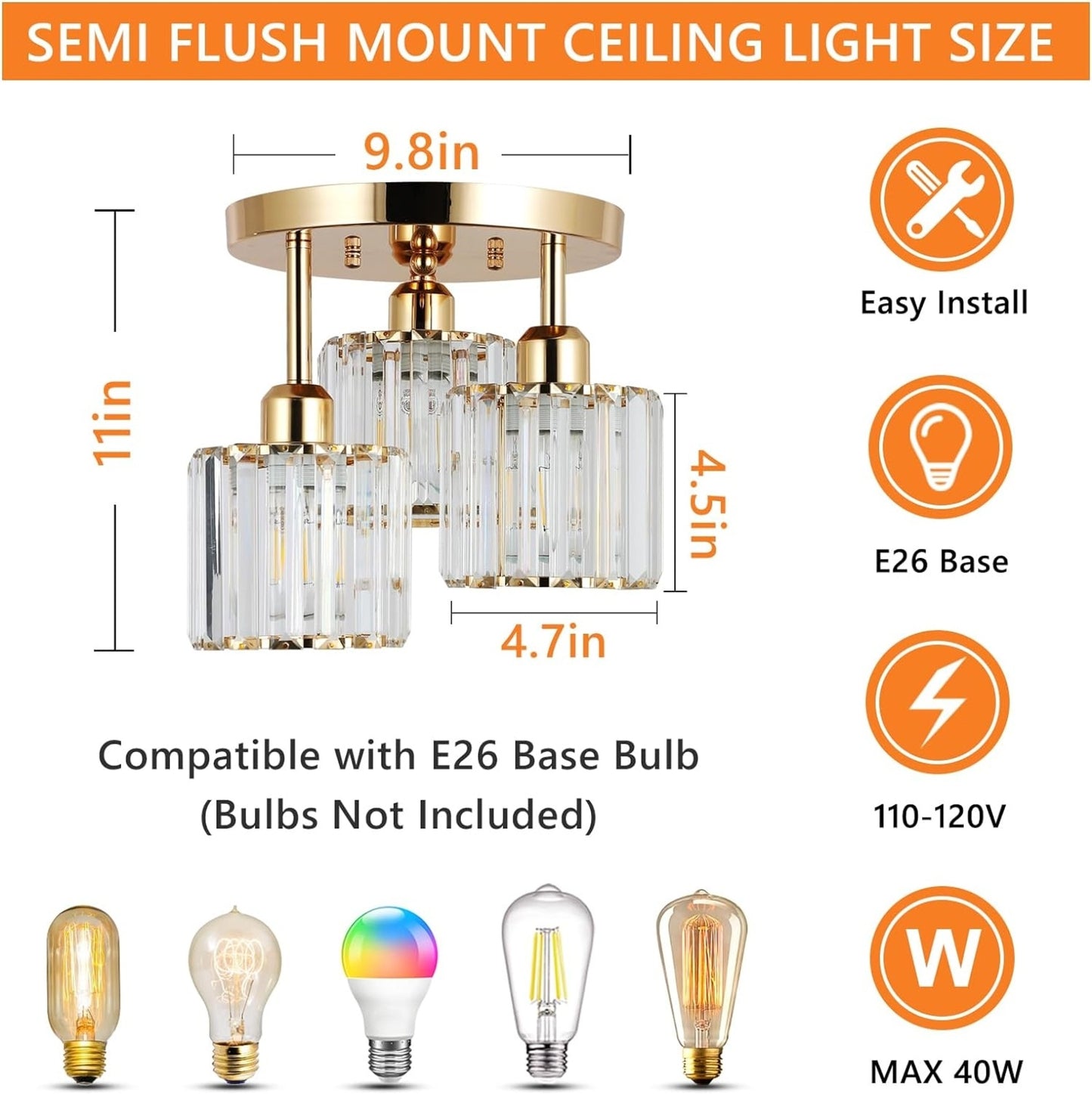 US Local Modern Semi Flush Mount Ceiling Light,3-Light Crystal Close To Ceiling Light Fixtures,Golden Kitchen