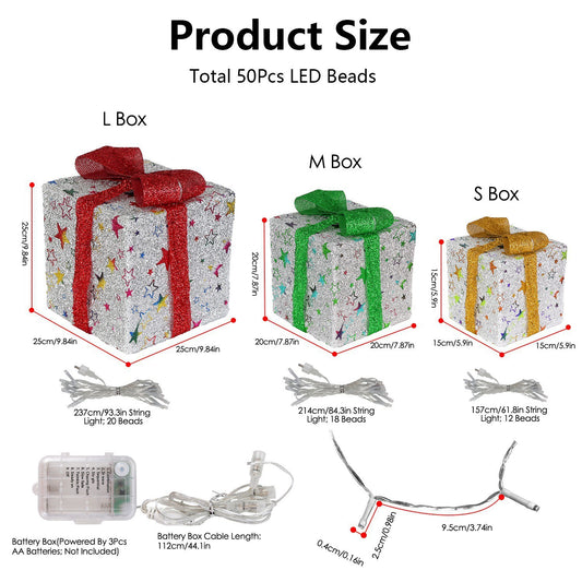 Star-Deer Pattern Options -- Set Of 3 Christmas Lighted Gift Boxes Xmas Present Ornament 50 LED Christmas Box Decorations With Ribbon Bows IP44 Waterproof Battery Powered For Indoor Outdoor Decor