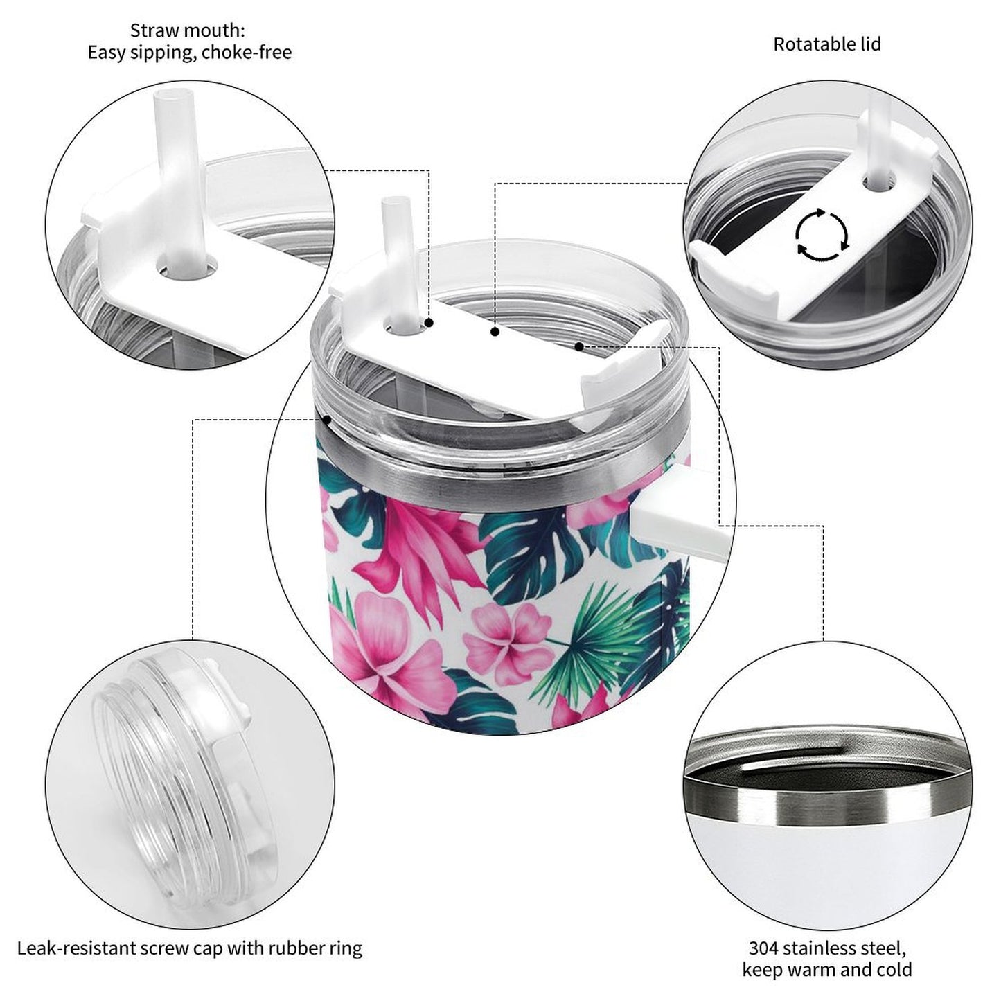 PHDT00458 POD US Local Tumbler 40 oz Large Capacity Car Cup Summer, Aqua Red, Flowers, Green Leaves