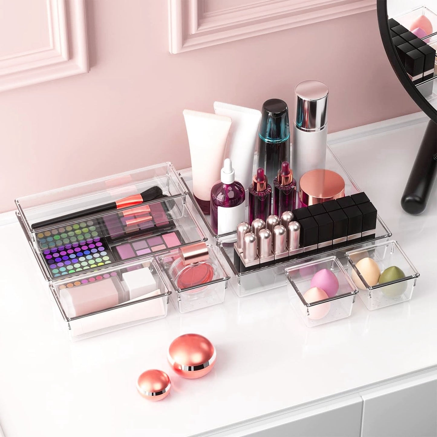 US Local 25Pcs Clear Plastic Drawer Organizers Set 4 Sizes Desk Drawer Dividers Trays Storage Bins For Vanity Cabinet Makeup Bathroom Office Kitchen Bedroom Jewelry