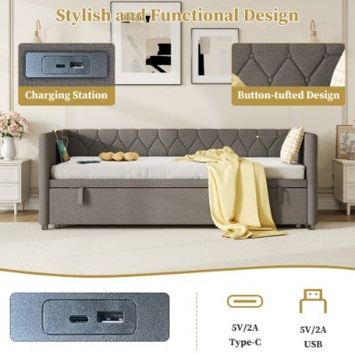 UK Local Upholstered Daybed, Sofa Bed With Charging Station, 3ft Single Button-tufted Bed With USB And Type - C Ports, Pull Out Trundle Bed For Living Room Bedroom Study Room, Linen, Grey No Mattress
