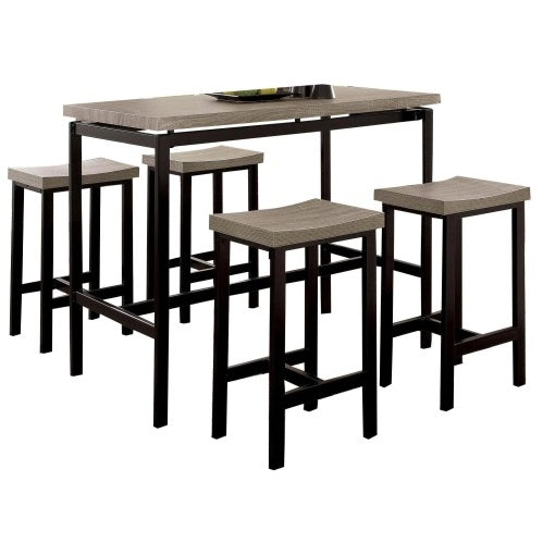 US Local 5 Pc Counter Height Table Set Two Tone Design Black Gray Dining Chairs Sturdy Metal Construction PVC Plastic Top Dining Room Furniture