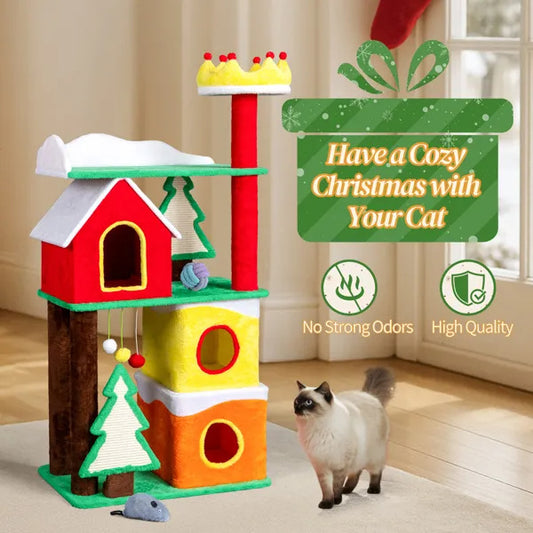 US Local 56 in Christmas Themed Plush Cat Tree, Multi-level Cat Tower With Cat Condos, Top Crown Perch, Sisal Ramp Scratching Posts, Large Cat Pet Activity Center For Indoor Cats