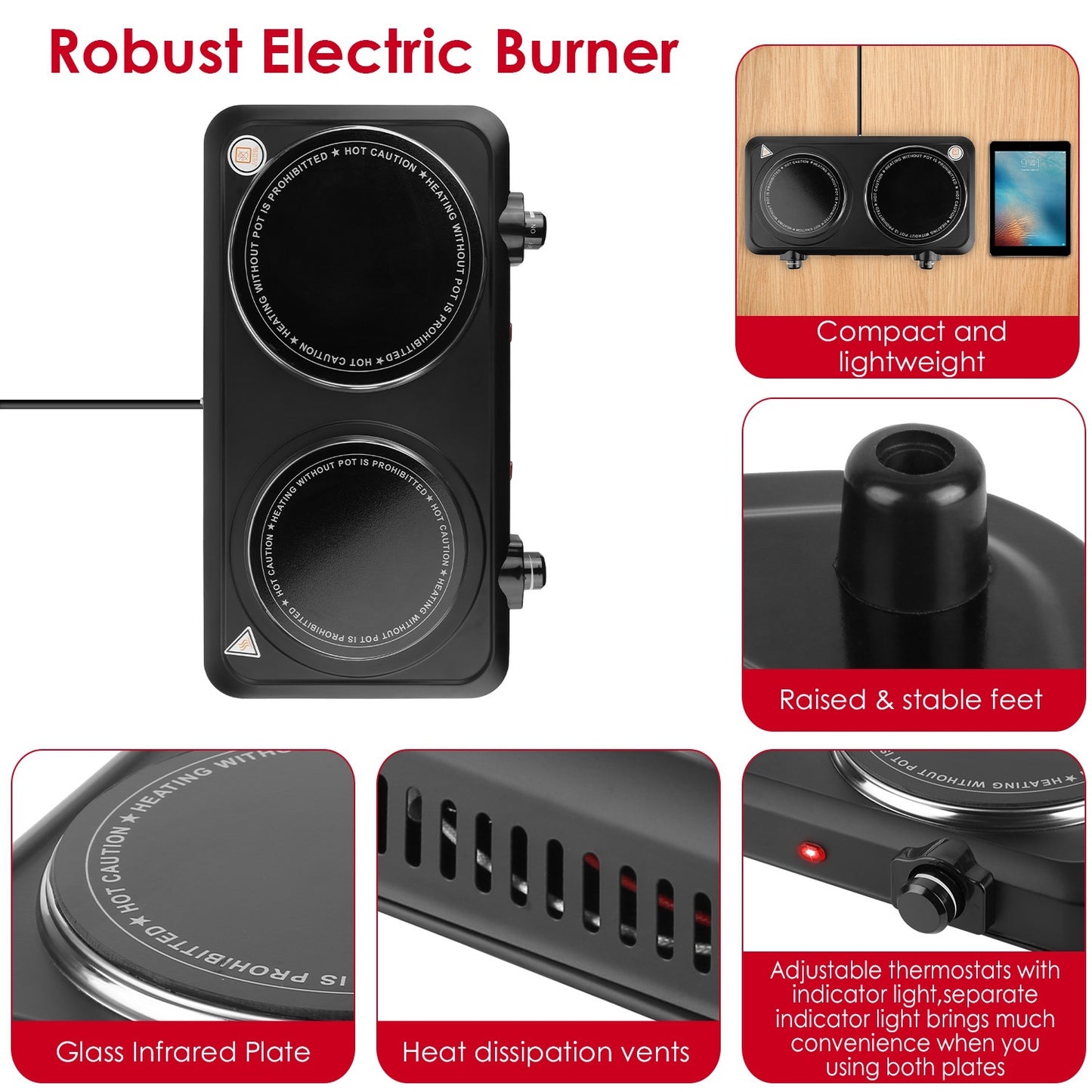 US Local 1Pc 2000W Electric Infrared Dual Burner Portable Heating Hot Plate Stove Countertop RV Hotplate With Glass Cooktop Stepless Temperature Adjustments For Home RV Camp