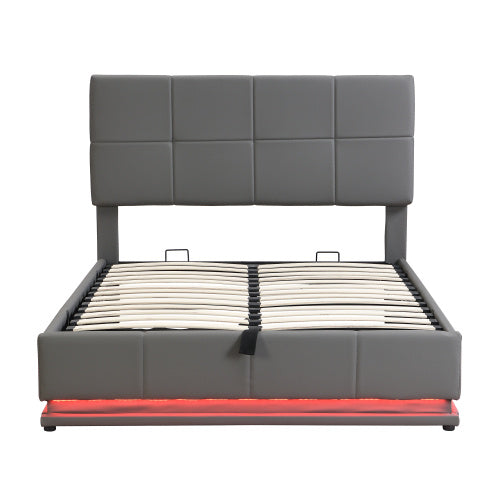UK Local Ottoman Double Bed With LED Lighting, PU Leather Upholstered Bed With Hydraulic Storage, 4ft6 Double Bed Frame With Adjustable Square Tufted Headboard, Grey