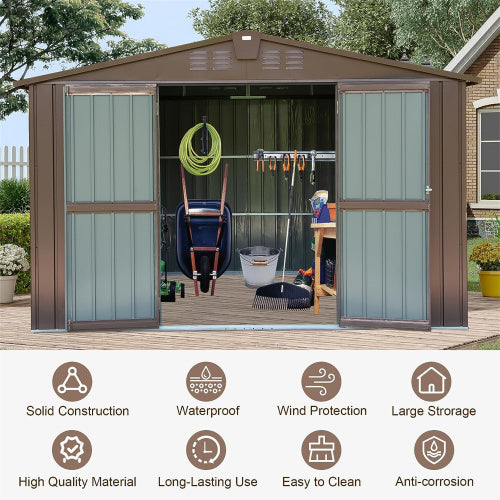 US Local Outdoor Storage Shed 10'x8', Metal Tool Sheds Storage House With Lockable Double Door,Large Bike Shed Waterproof For Garden,Backyard,Law Brown