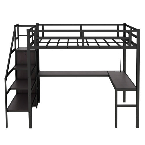 US Local Metal Loft Bed With Wardrobe And Adjustable Shelves