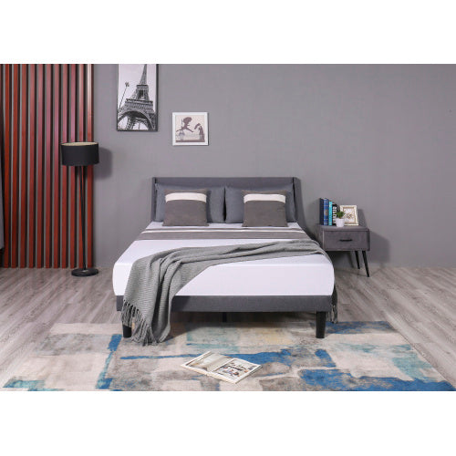 UK Local Double Bed Soft Linen Grey 4FT6 Upholstered Bed With Winged Headboard, Wood Slat Support