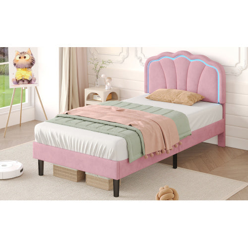 UK Local 3ft Single Upholstered Bed With LED Adjustable Shell Shape Headboard, Soft Velvet Bed Frame With Solid Wood Slat, No Box Spring Needed, Easy Assembly, Cream White No Mattress