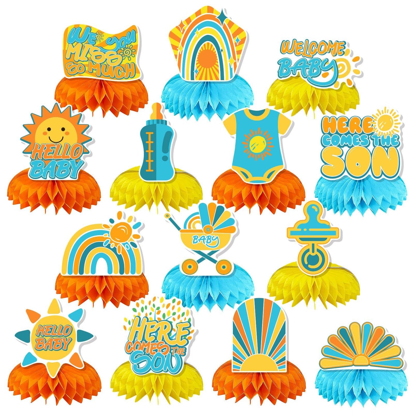 US Local 14 Pcs Here Comes The Son Baby Shower Decor, Baby Shower Honeycomb Centerpieces Set For Tables Here Comes The Son Sunshine Decorations Boho Rainbow Sun Gender Reveal Party Favors Supplies-Clearance