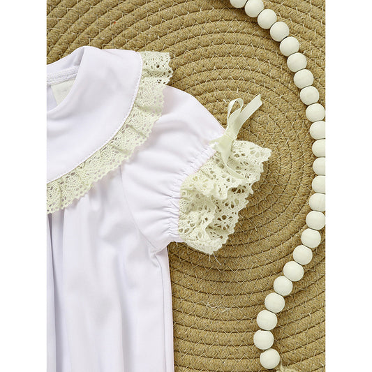 US Local Baby Girl White Lace Romper Soft & Stylish Short Sleeve Bubble Jumpsuit For Wedding Season & Summer