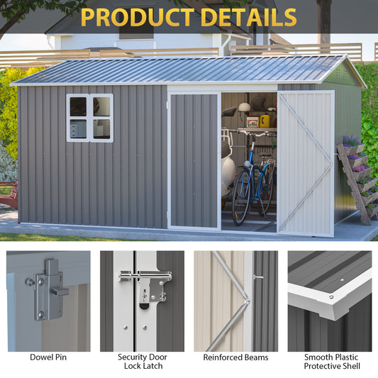 US Local 12x10 FT Outdoor Storage Shed Metal, Large Garden Tool Sheds Outdoor With Lockable Doors, Waterproof Steel Utility Storage Building, Heavy Duty Equipment Shed For Patio Lawn Garden, Grey