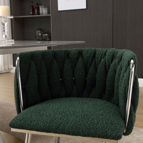 UK Local GOMYWAY Modern Hand Weaving Dining Chairs Set Of 2, Boucle Upholstered Side Chairs With Silver Legs, Kitchen Chairs With Armrest, Accent Chairs, Vanity Chairs For Dining Room Emerald, Set Of 2