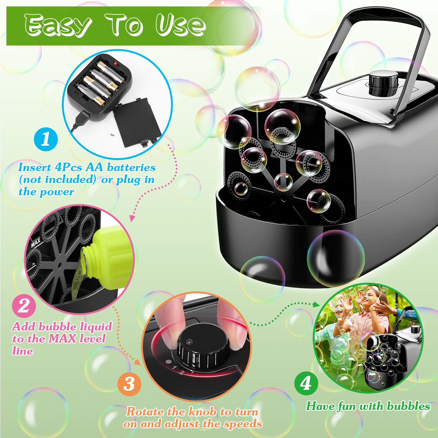 1Pc Bubble Maker Automatic Bubble Blower Portable Bubble Blowing Machine With 2 Speeds Handle 3000-4000 Bubbles Per Minute Plug-In Battery Powered