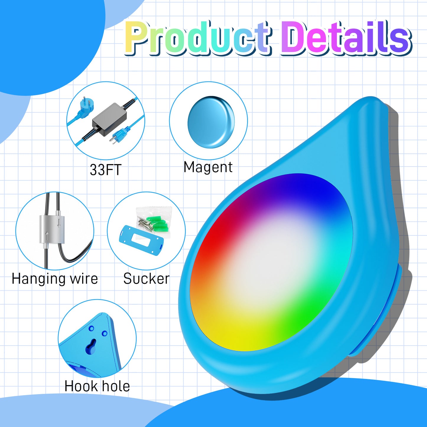 SPL-FLL00X 6-inch 12V 20W Blue Droplet Shaped RGB Pool Light 26FT