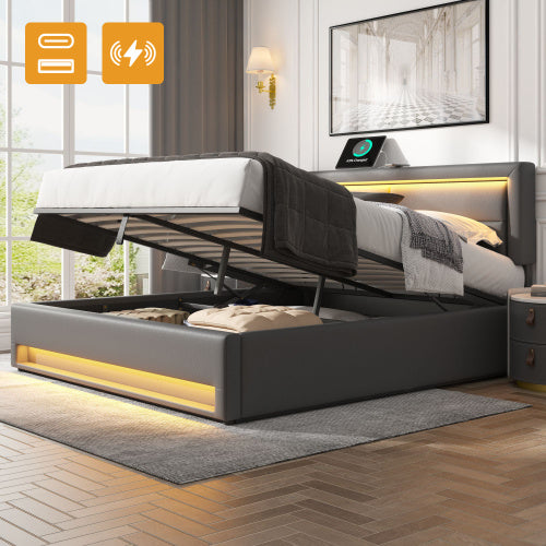UK Local Upholstered Bed 135 X 190 Cm,Double Bed-4ft6,with USB Port Supports Wireless And Wired Charging, With LED Lighting And Storage Space, Without Mattress, PU-Lychee Design, Gray