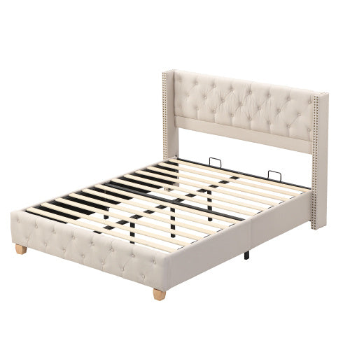 UK Local Upholstered Bed,King Size Bed-5ft 150x200cm ,With Slatted Frame And Headboard, Button Upholstery, Rivet Upholstery, Wooden Legs, Velvet, Grey