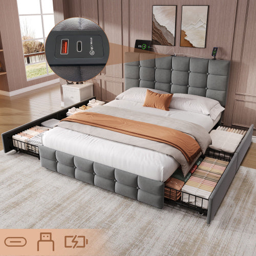 UK Local 4ft6 Double Upholstered Bed With 4 Storage Drawers, Velvet Bed Frame With Charging Station. Adjustable Button Tufted Headboard With USB And Type - C Ports, No Box Spring Needed, Grey No Mattress
