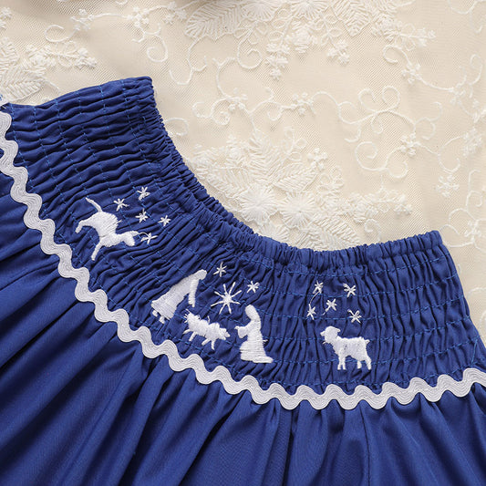 US Local Toddler Infant Girl Christmas Santa Embroidery Short Sleeve Princess Party Dress Smocked Baby Girl Clothes