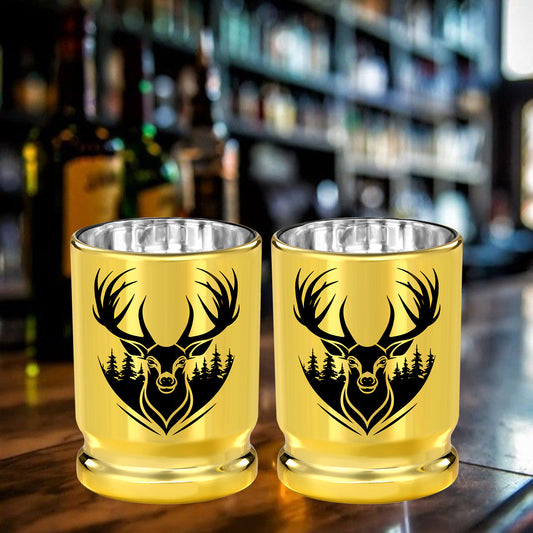 US Local 2 pcs 50 Caliber Deer Head Golden Plastic Wine Glasses With Gift Box - Leak Proof, Reusable - Stylish Animal Print Design, Suitable For Whiskey, Tequila, Etc