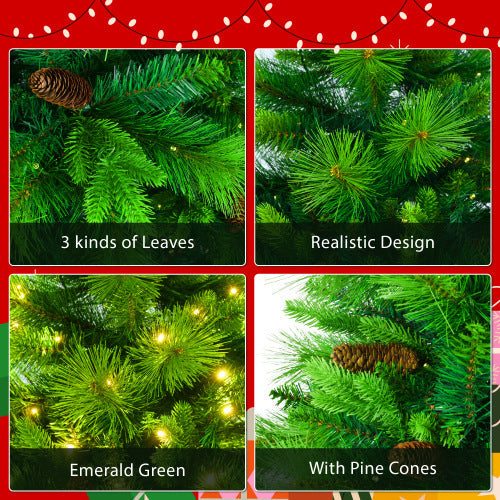 US Local 6FT Grass Green Christmas Tree, Large Branches Pine Tree, Pre-Lit Set With Tree Garland & Wreath, Artificial Christmas With Pine Cones, Hinged Xmas Tree , For Holiday Party Ofiice Home