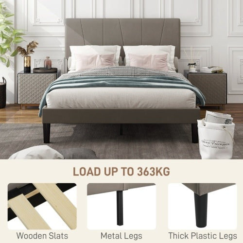 UK Local HOMCOM King Size Bed Frame, With Velvet-Feel Headboard - Grey