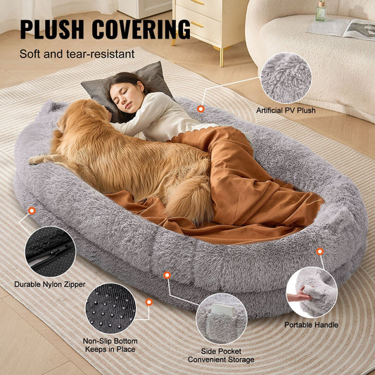 UK Local Human Dog Bed, 72" X48"x10" Giant Human Dog Bed For Adult, Human Size Dog Bed With Washable PV Velvet Cover, Egg Orthopedic Foam, Storage Pocket, Large Dog Bean Bed For You And Pet, Light Grey