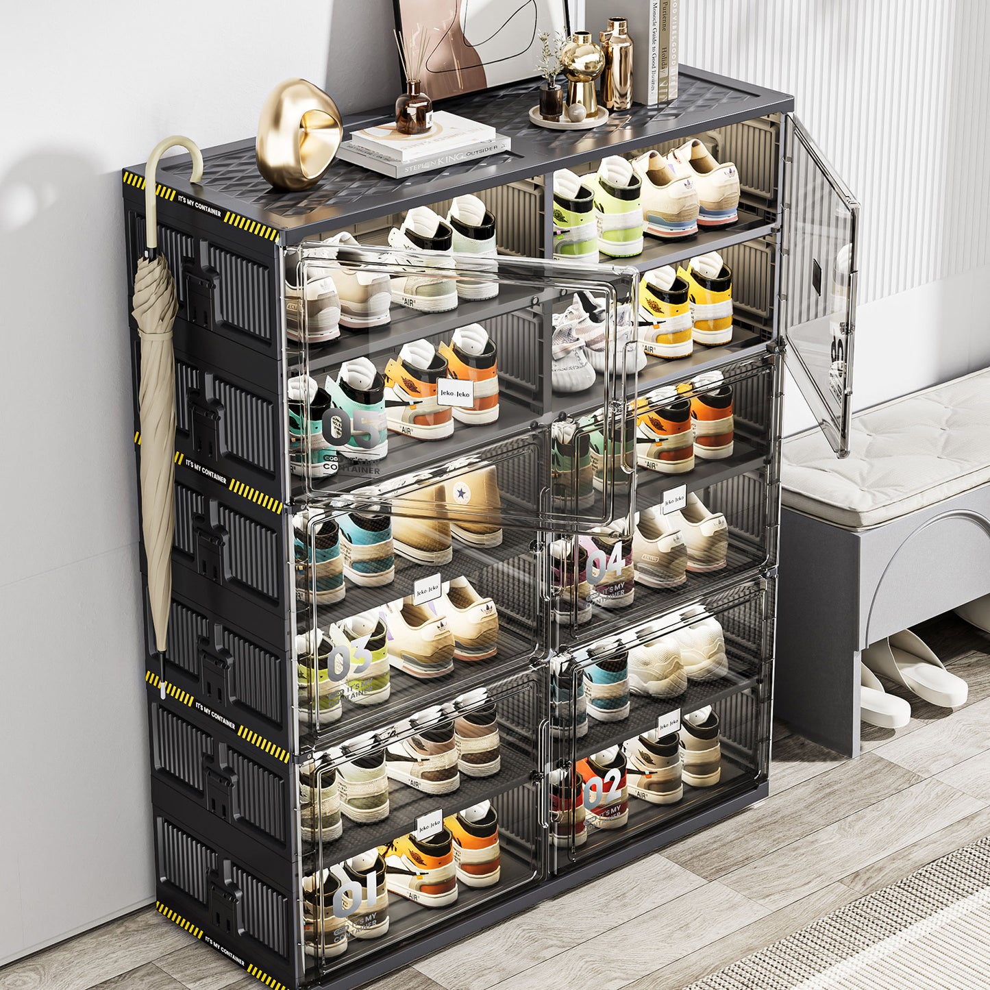 US Local 12 Grids Holds 24 Pairs Extra-Large Collapsible Shoe Storage With Magnetic Doors