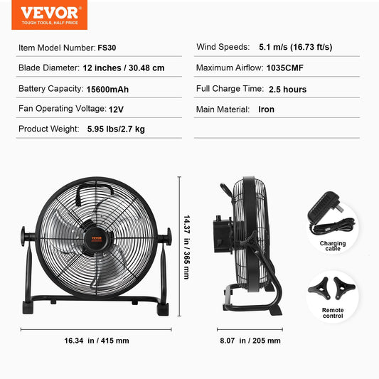 US Local VEVOR Cordless Fan 12 In, Portable Quiet Personal Fan For Home Or Office, 360 Degree Manual Pivoting Head, Stepless Speed Regulation High Velocity Cordless Fan, Heavy Duty Metal Industrial Floor Fans