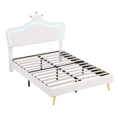 UK Local 4ft6 Double Upholstered Bed With LED Adjustable Crown Shape Headboard, PU Leather Bed Frame With Solid Wood Slat, No Box Spring Needed, Easy Assembly, Cream White No Mattress