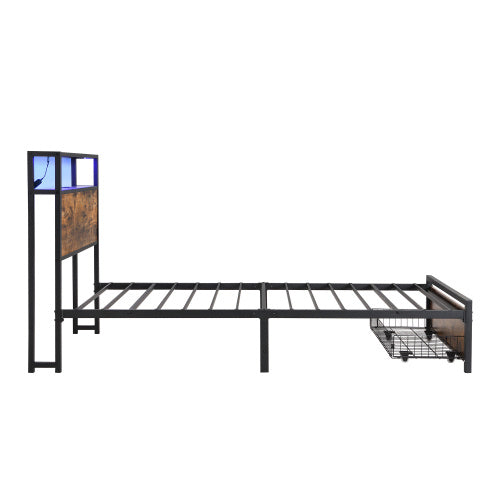 UK Local Metal Bed, 3FT Single Bed 90x190cm, With LED Light Strip And Drawer, 2 USB Port 1 Type C, Durable And Sturdy, Youth Bed, For Adults Teenagers, Multifunctional Bed, Wrought Iron Bed, Black Walnut