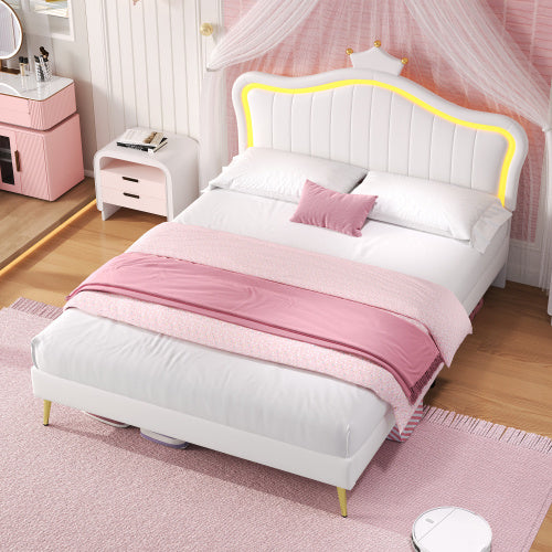 UK Local 4ft6 Double Upholstered Bed With LED Adjustable Crown Shape Headboard, PU Leather Bed Frame With Solid Wood Slat, No Box Spring Needed, Easy Assembly, Cream White No Mattress