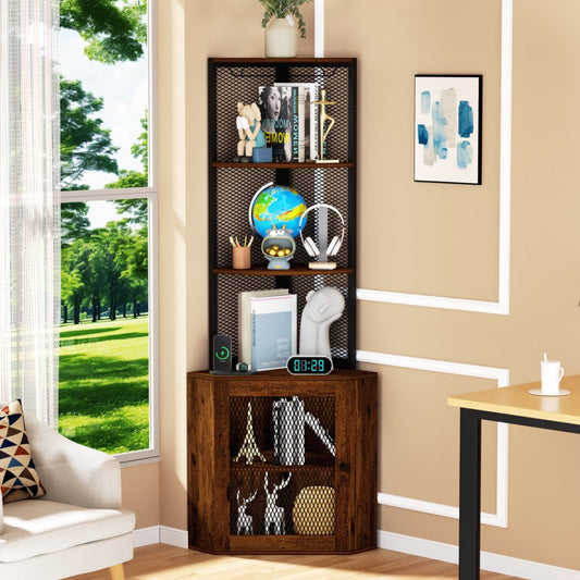 US Local Corner Shelf With Doors, 65 Corner Cabinet With Shelves & Wine Glass Rack, 6 Tier Bookshelf Display Corner Shelves, Freestanding Corner Storage Stand For Kitchen, Living Room, Balcony