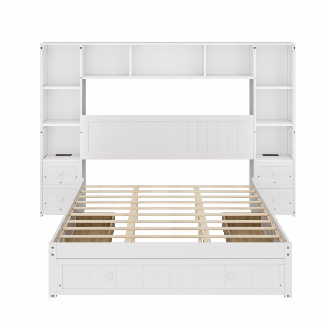 US Local Queen Size Pine Wood Platform Bed With All-In-One 2 Nightstand, Storage Shelf And Cabinet Bookcase With 2 Charging Stations, Multi-Functional Captain Bed Frame With 3 Drawers, No Box Spring Needed