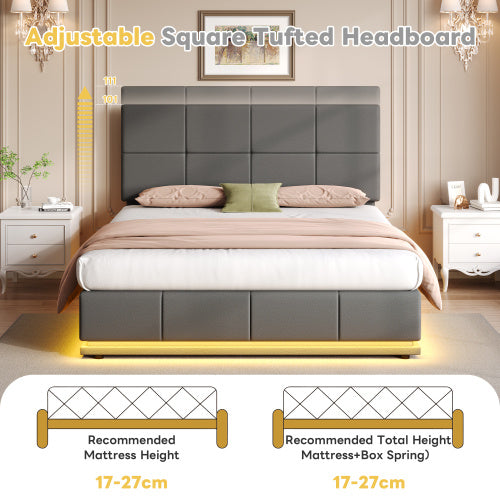 UK Local Ottoman Double Bed With LED Lighting, PU Leather Upholstered Bed With Hydraulic Storage, 4ft6 Double Bed Frame With Adjustable Square Tufted Headboard, Grey