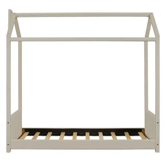 US Local Twin Size Velvet House Bed Wood Bed, Beige