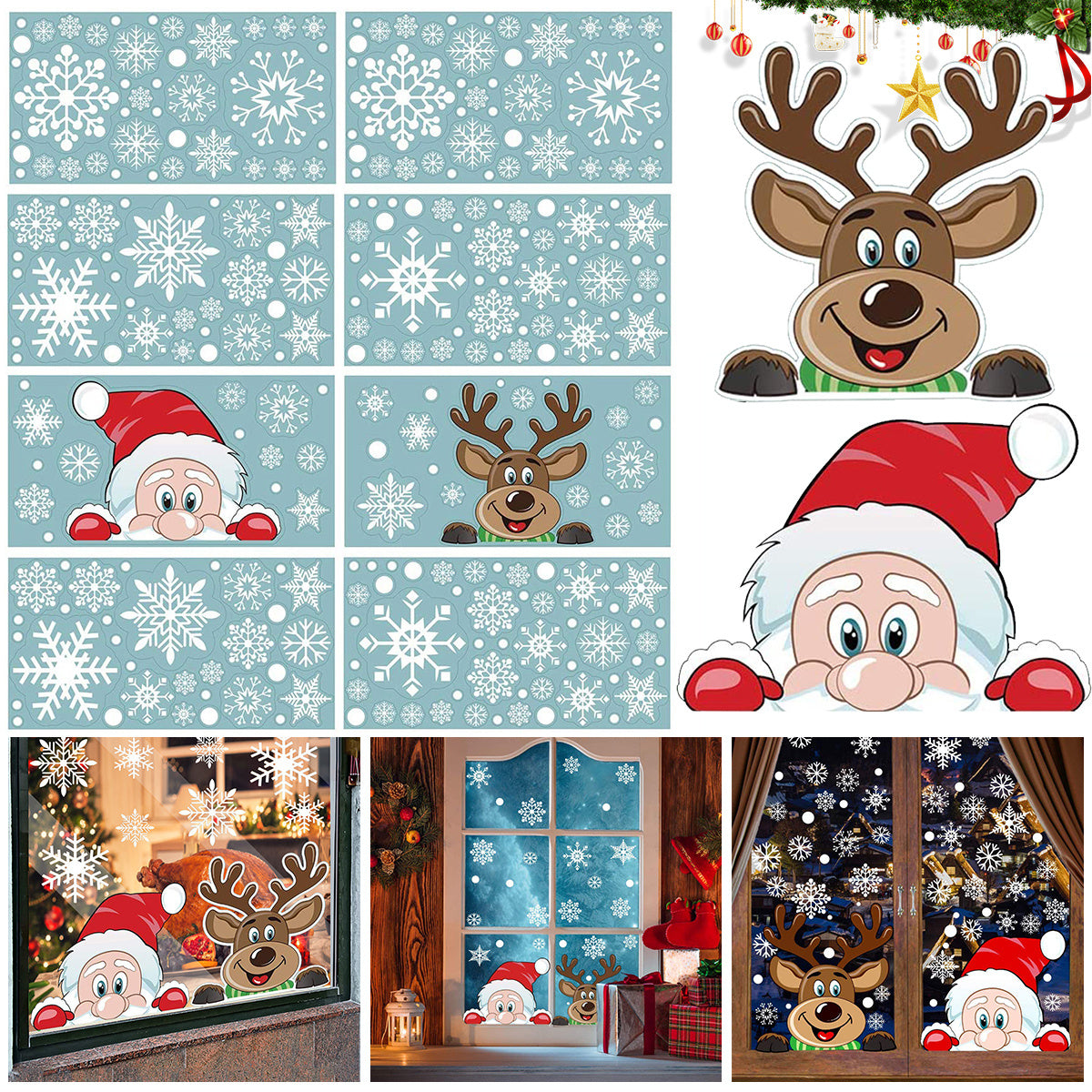 US Local 4Sheets Christmas Snowflake Window Clings Stickers For Glass Reusable Double Sided Self Adhesive Static Stickers Xmas Snowflake Reindeer Santa Window Decals Decorations Stickers For Christmas Window D