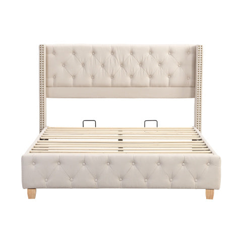 UK Local Upholstered Bed,Double Bed-4ft6 135x190cm ,With Slatted Frame And Headboard, Button Upholstery, Rivet Upholstery, Wooden Legs, Linen, Beige
