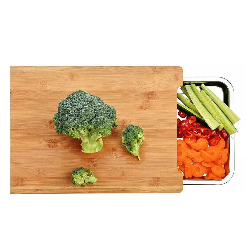 UK Local Bamboo Wooden Chopping Board Cutting Slicing Sliding Stainless Steel Tray